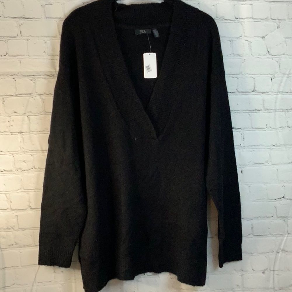 RDI Women’s Black V Neck Sweater, Size Large with side slits, Long Black Sweater